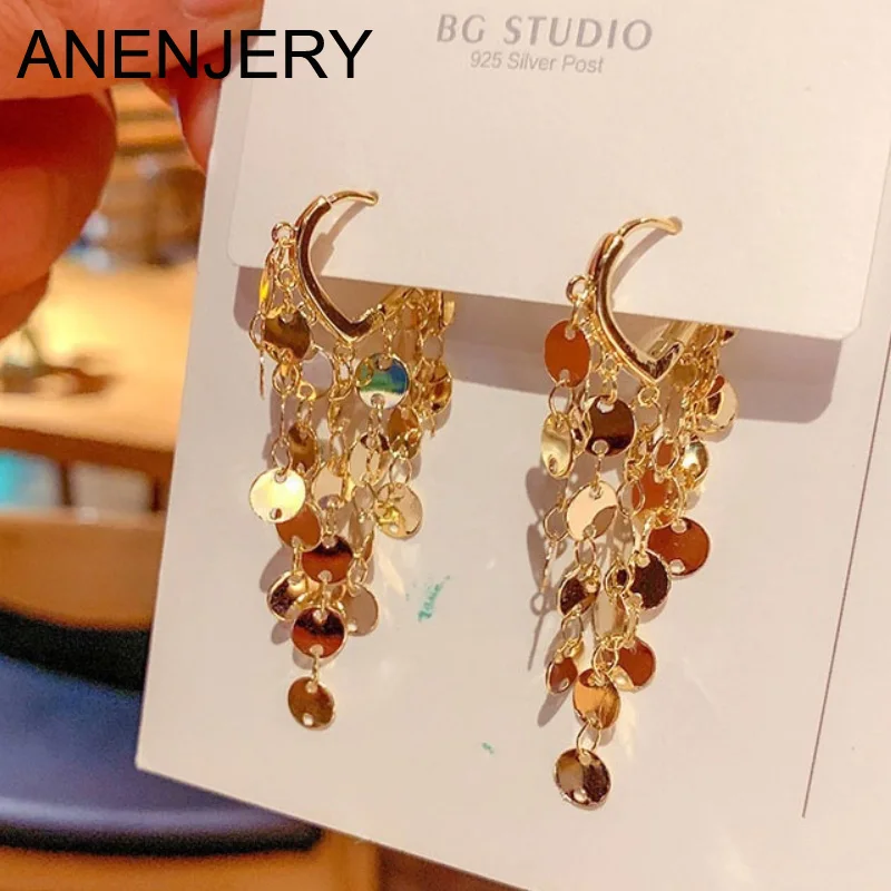 ANENJERY Sparkling Long Tassel Hoop Earrings for Women French Simple Circle Ear Buckles Handmade New Trend Jewelry Gifts