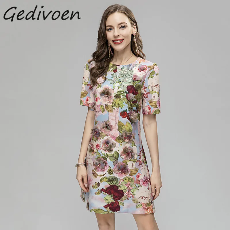 

Gedivoen Summer Fashion Runway Vintage High Street Dress Women O-Neck Short Sleevele Flower Print Holiday Party Slim Midi Dress