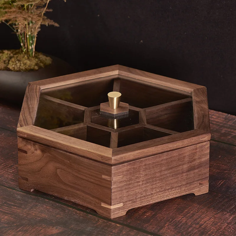 

Customized dried fruit box Chinese wedding black walnut fruit plate household living room grid with lid dim sum nut wooden box w