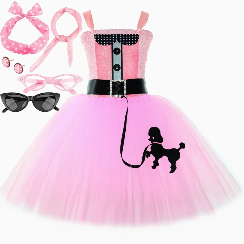 Toddler Kids Vintage Pink 1950s Poodle Tulle Princess Dress Up 50s Costumes Outfit for Girls Halloween Festival Party Tutu Dress
