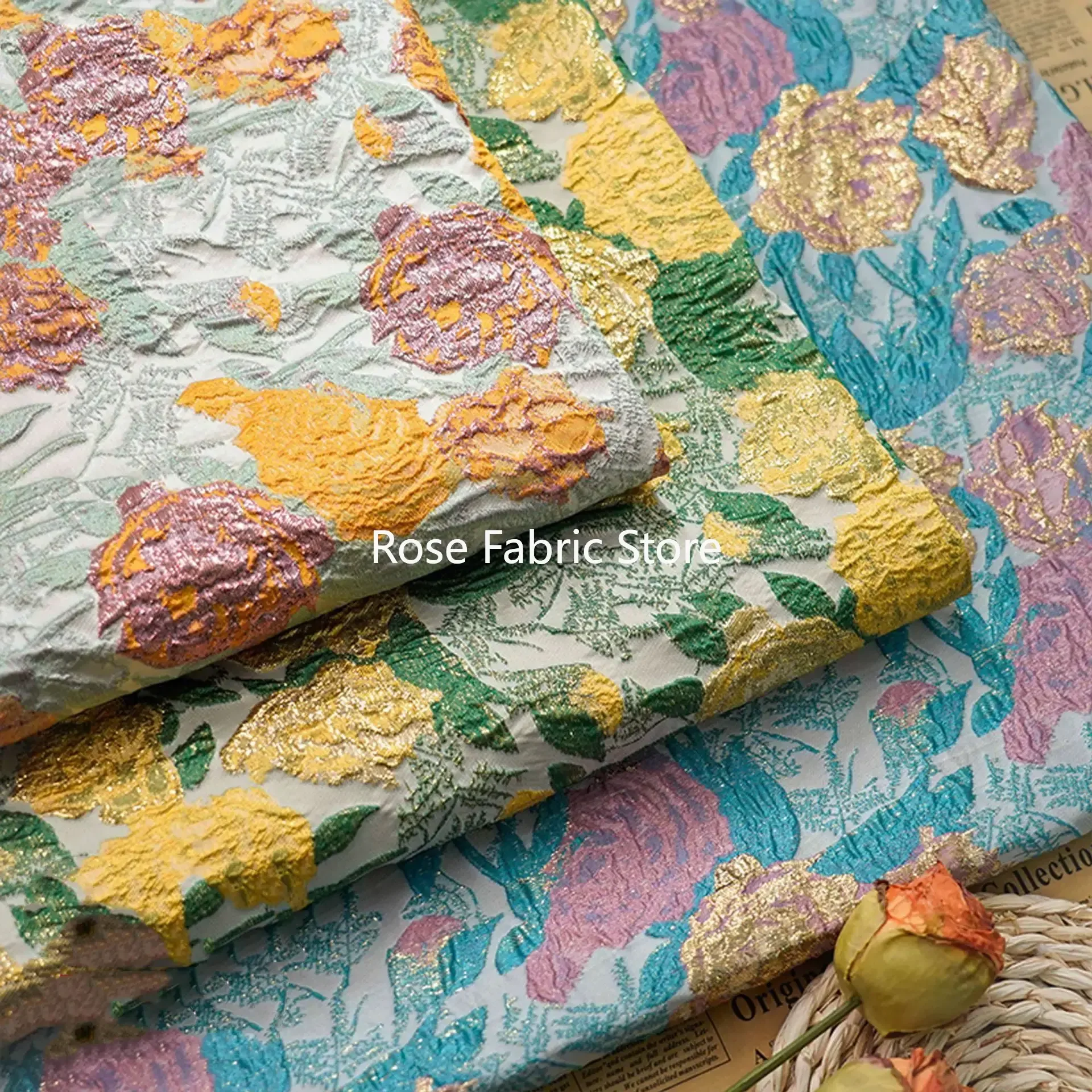 

1 Meter Golden Silk Relief Rose Jacquard Fabric Women's Dress Skirt Luggage Bag Decorative Sewing Fabric