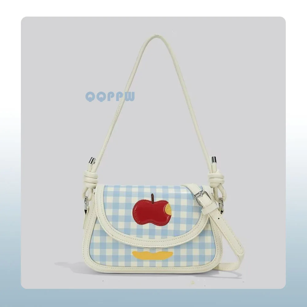 Fashion Contrast Color Plaid Crossbody Bags for Women New Trendy Apple Embroidery Flap Single Shoulder Bag