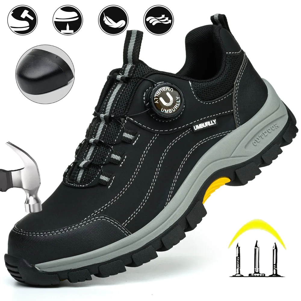 Men's Safety Shoes Steel Toe Anti-smash Anti-puncture Kevlar Midsole Slip-resistant Side Buckle Work Shoes