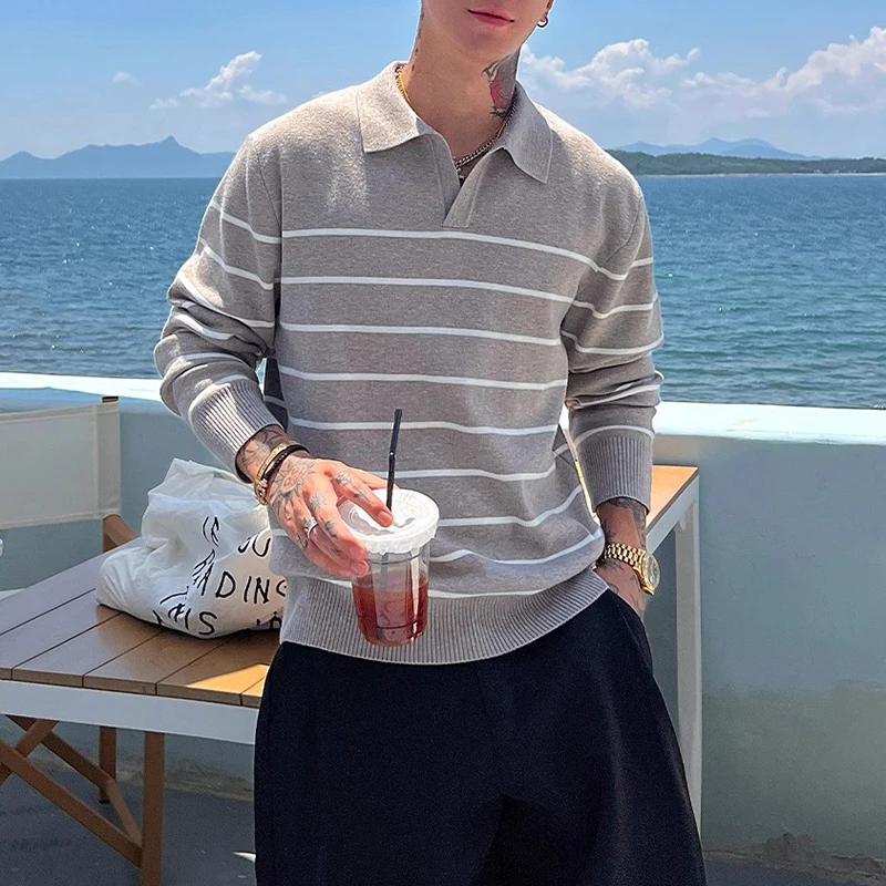 Fashionable Long Sleeve Slim Mens Knit Polo Shirt Vintage Turn-down Collar Striped Knitted Polos Men Clothes Spring Autumn Tops