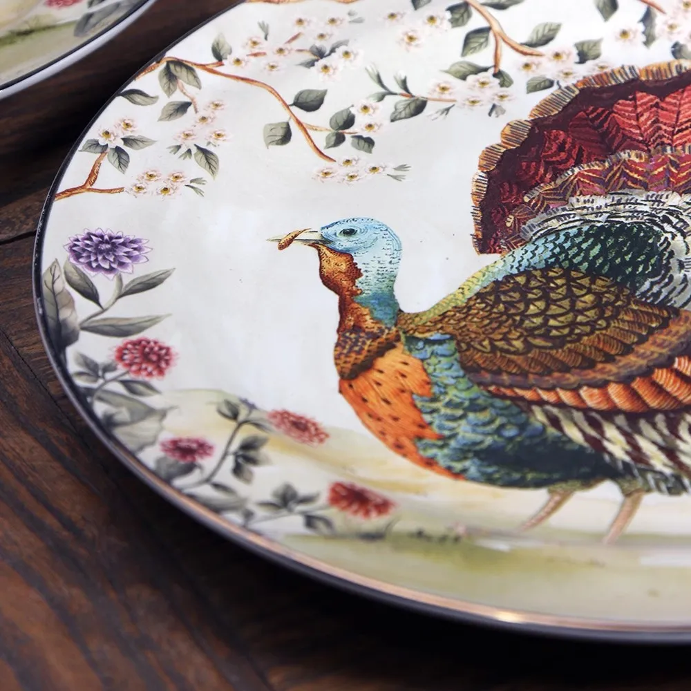 Rework Golden Edge High Temperature Ceramic Oil Painting Effect Duck Turkey Country Style Texture Dinner Plate Decorative Dish