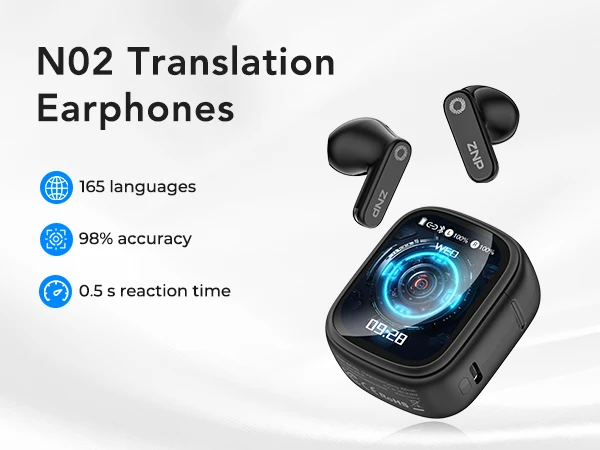 znp-n02-ai翻訳イヤホン。リアルタイム言語翻訳、lcdスクリーン、ワイヤレスbluetooth接続、旅行用、ancノイズキャンセリング機能搭載。