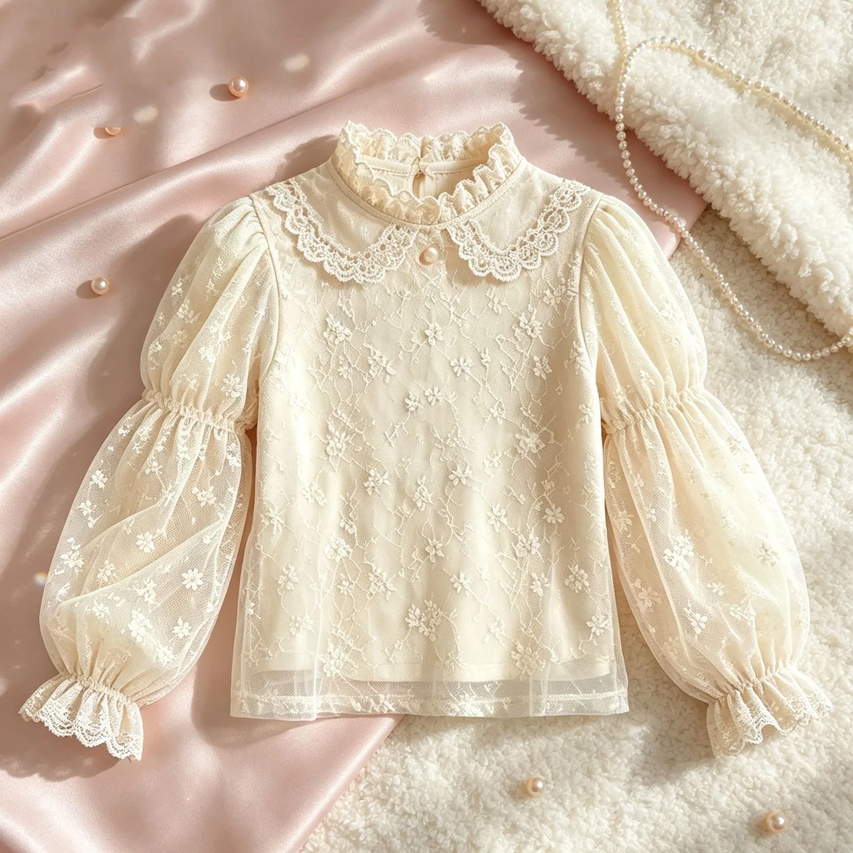 Girls Spring Fall Lace Shirt Long Sleeve French Doll Blouse Slim Base Layer Top Kids Fashion Children Clothing