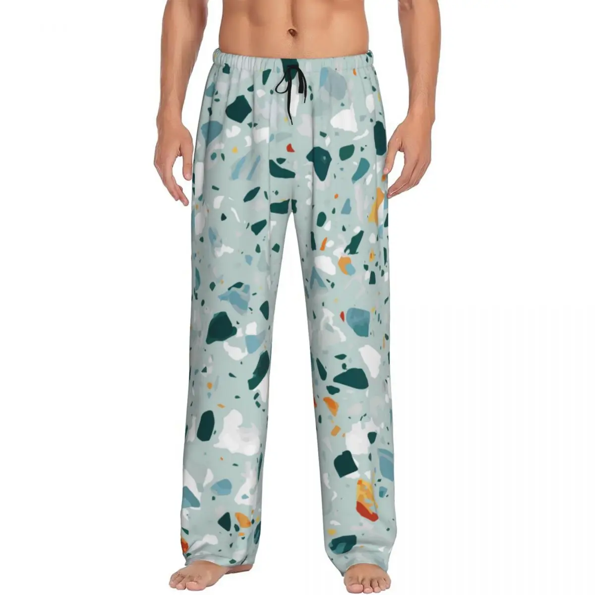 Custom Printed Men's Pajama Pants Terrazzo Stone Teal Print Sleepwear Sleep Lounge Bottoms with Pockets