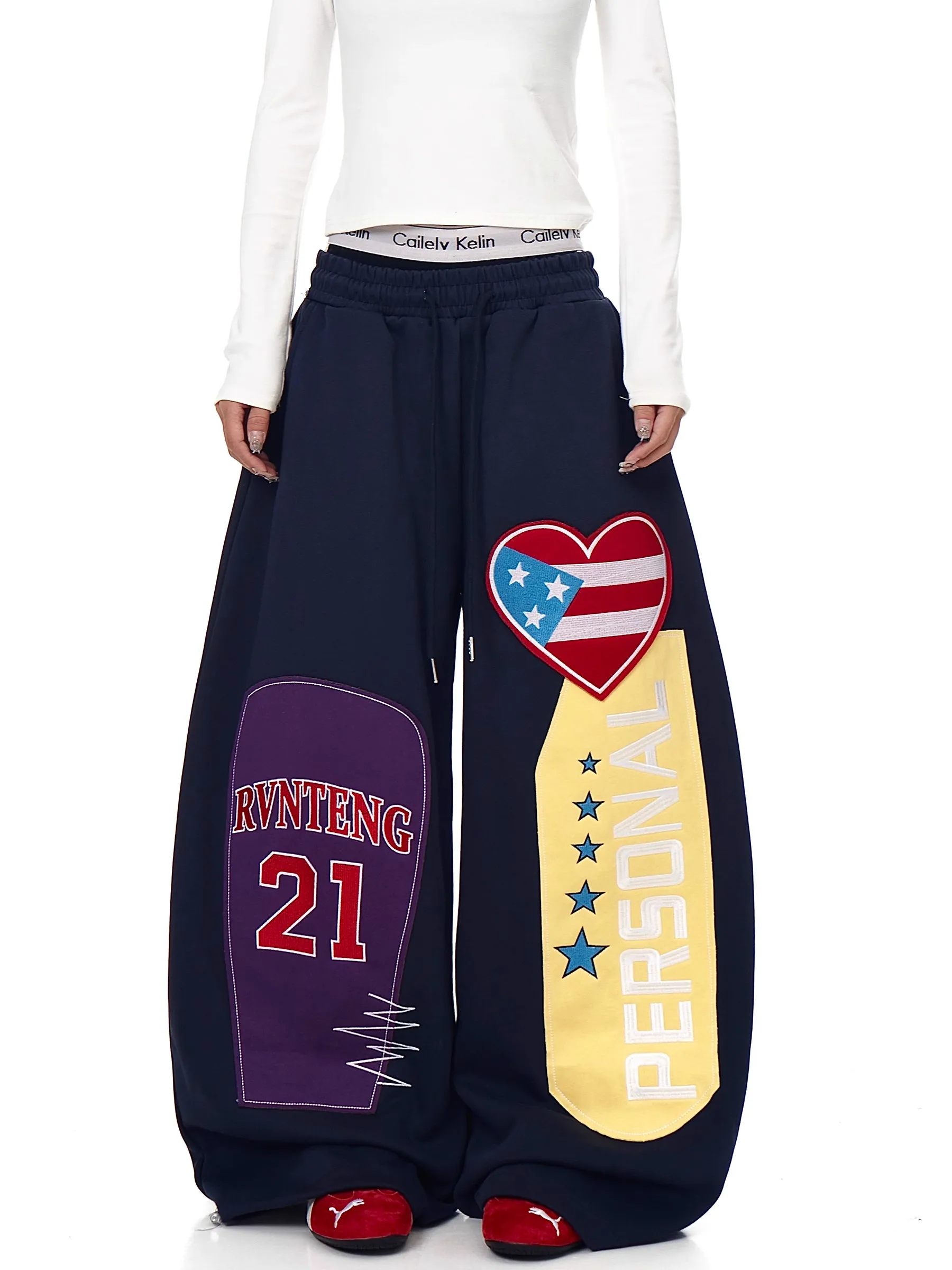 American Retro Heart Embroidery Patchwork Loose Wide Leg Pants Men's Hip Hop Street Dance Casual Sports Sweatpants