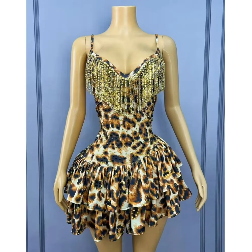 Sexy Minikleid Leopard Kristall Sling Club Nacht Frauen Sänger Bar Bühne Leistung Kostüm Geburtstag Party Zeigen Kurze Kleider