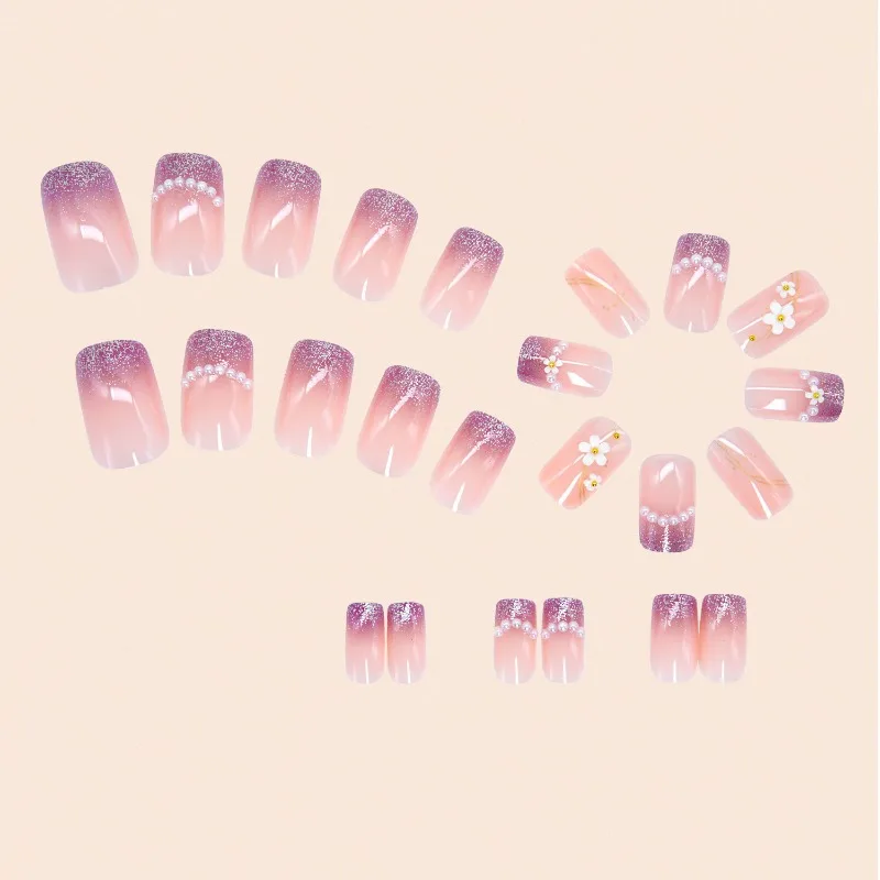 24 個スクエア付け爪プレスショートミディアムグリッター再利用可能なネイルチップフラワー付け爪プレス爪デザイン卸売