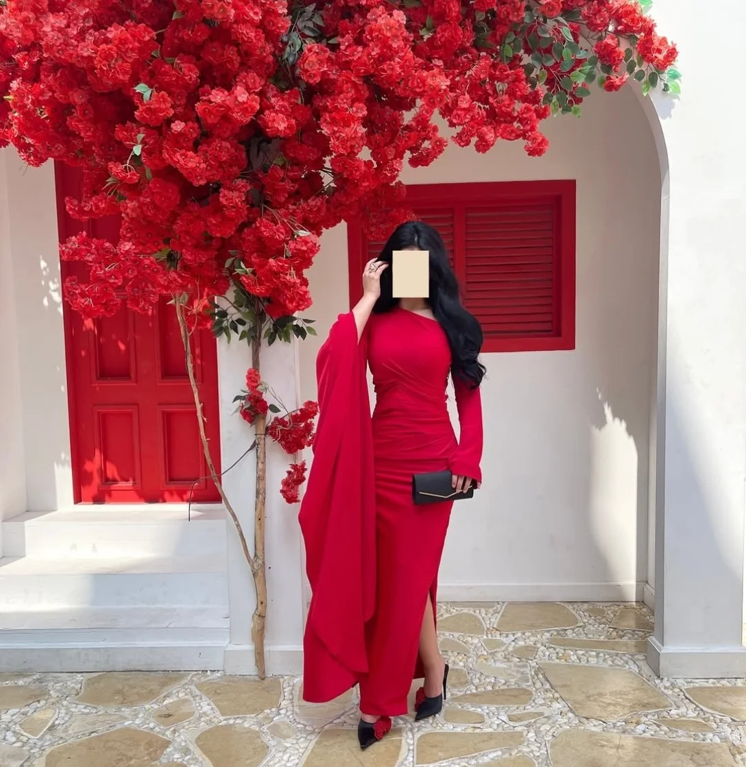 

Customized Long Red Crepe Evening Dresses with Cape Mermaid One Shoulder Pleated Floor Length Prom Dresses for Women