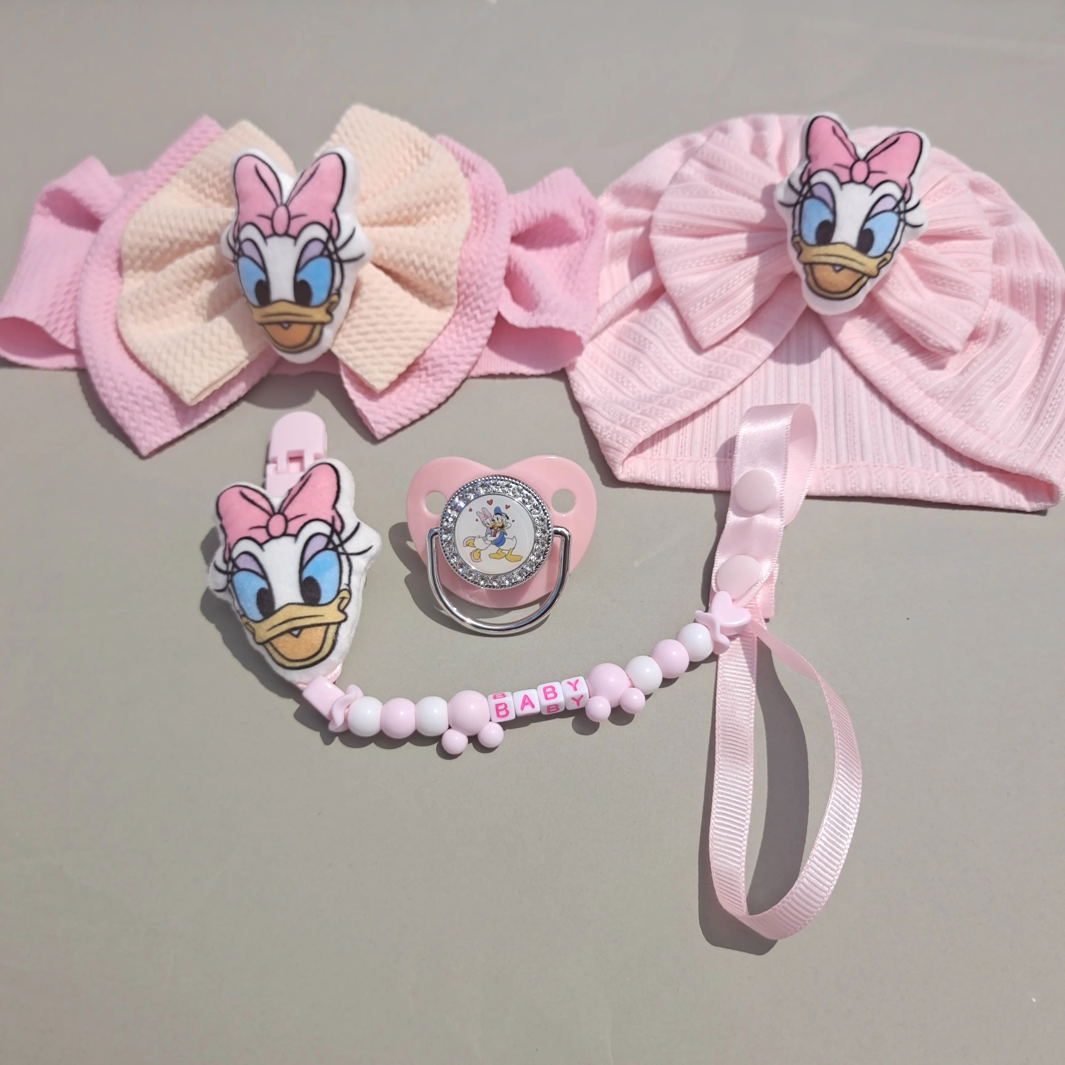 Disney Cartoon Solid Bow Cotton Newborn Caps for Kids Toddler Infant Hair Accessories Newborn Photography Customized Dummy Clip