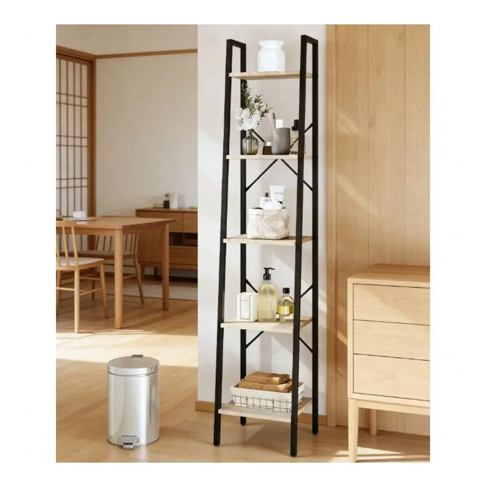 

Freestanding Ladder Shelf, Multifunctional Corner Bookshelf With Hooks, Industrial Storage Bookcase For Living Room, Kitchen, Ho