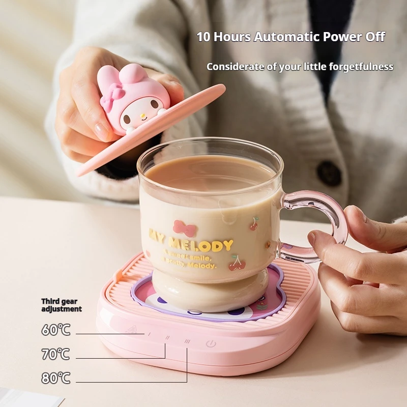 2025 New Sanrio Pochacco Kuromi Melody Heating Warmed Water Cup Mat Set Anime Cinnamoroll Water Cup Ornaments Gift Box For Girls