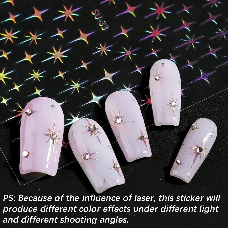 2 piezas, calcomanías de arte de uñas Y2K de ráfaga de estrellas, decoraciones brillantes doradas y plateadas para manicura francesa, para uñas de bricolaje 5