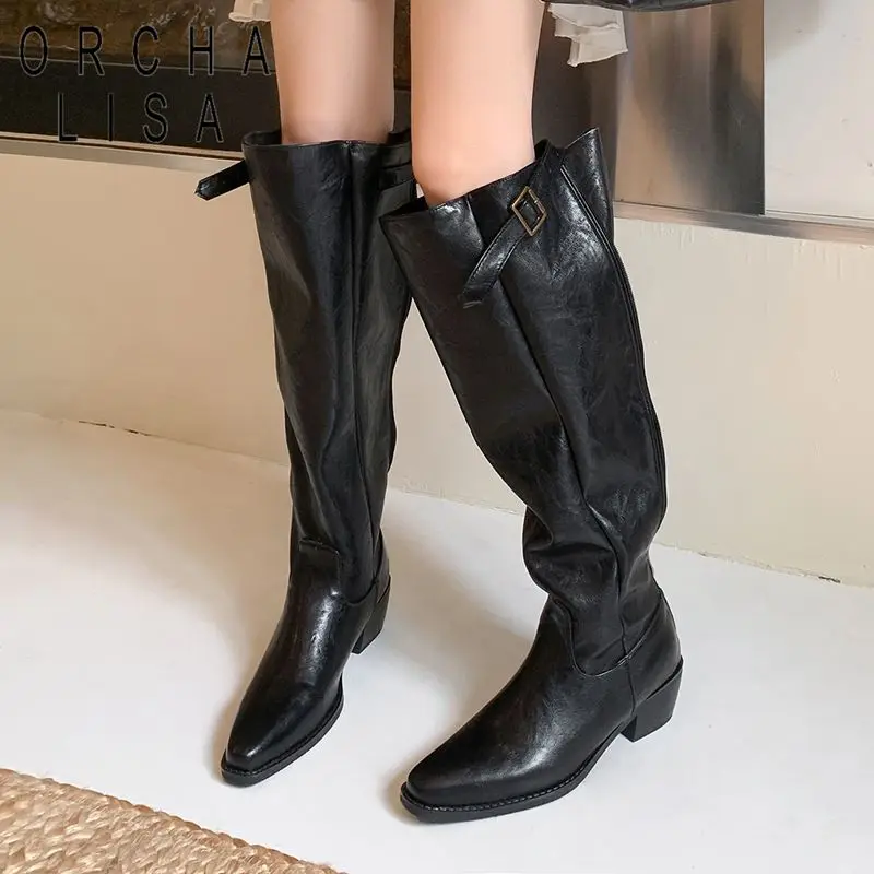 

ORCHA LISA 2025 Thigh Boots Women Square Toe 5cm Thick Heels Belt Buckle Plus Size 41 42 43 Sexy Dating Over Knee High Fall
