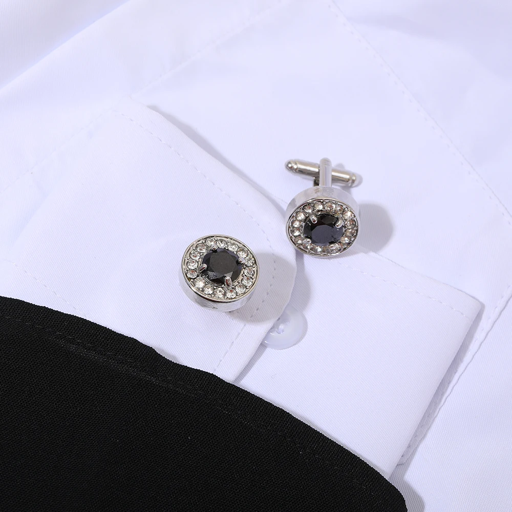 2 Pcs Luxury Crystal Round Cuff Links Black Clear Rhinestone Cuff Links For Tuxedo Shirts Business Wedding OL Sleeve Button Gift