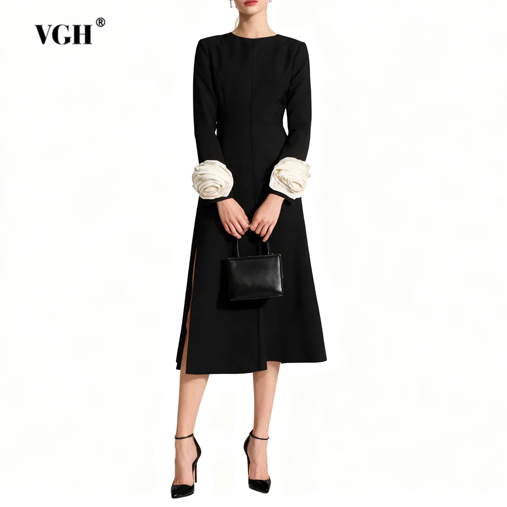 

VGH утягивающие темпераментные платья с аппликацией для женщин, повседневное платье с круглым вырезом и длинными рукавами и высокой талией, женская мода, новинка