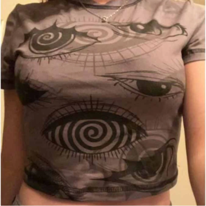Red Weird Eye Print Slim Crop Top for Women with Contrast Stitch Short Sleeve Gothic Punk Y2K Casual Streetwear T-shirt