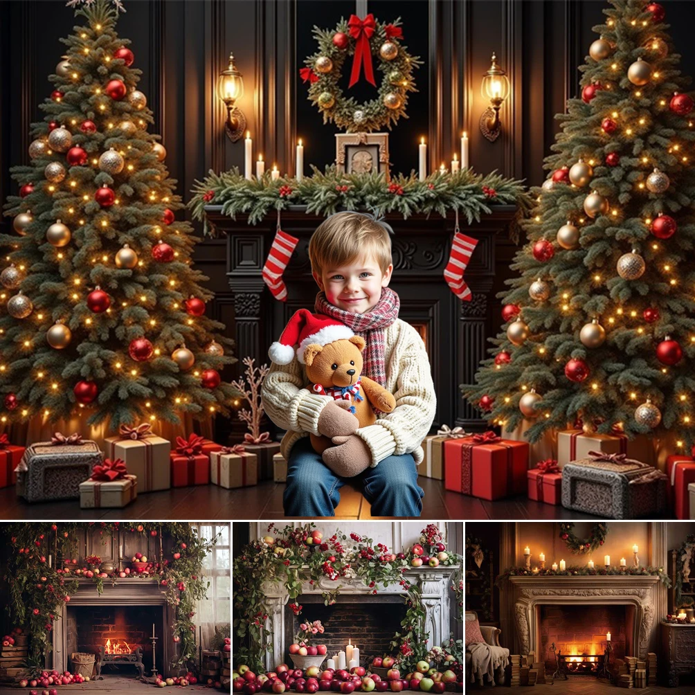 

MOON.QG Christmas 2025 Background Fireplace Apples Vintage Red Custom Backdrop Photo Booth Photography Props Photozone Party