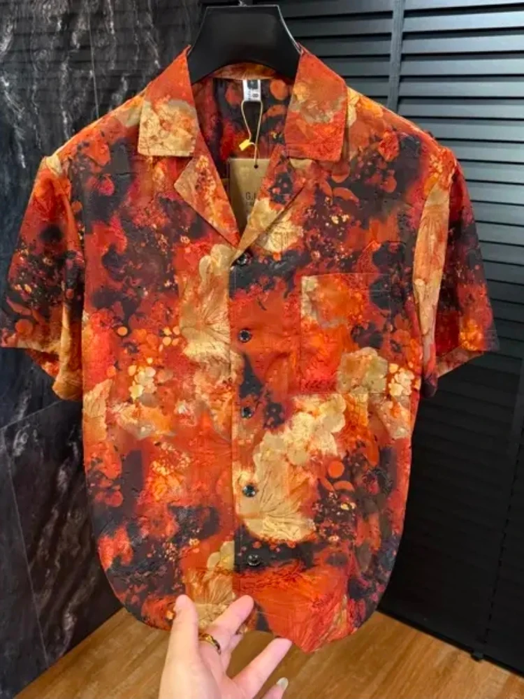 

Summer New Men's Faion Cuban Collar ort Sve High Quali Casual Cool Busin European Goods High-End Sensation irt