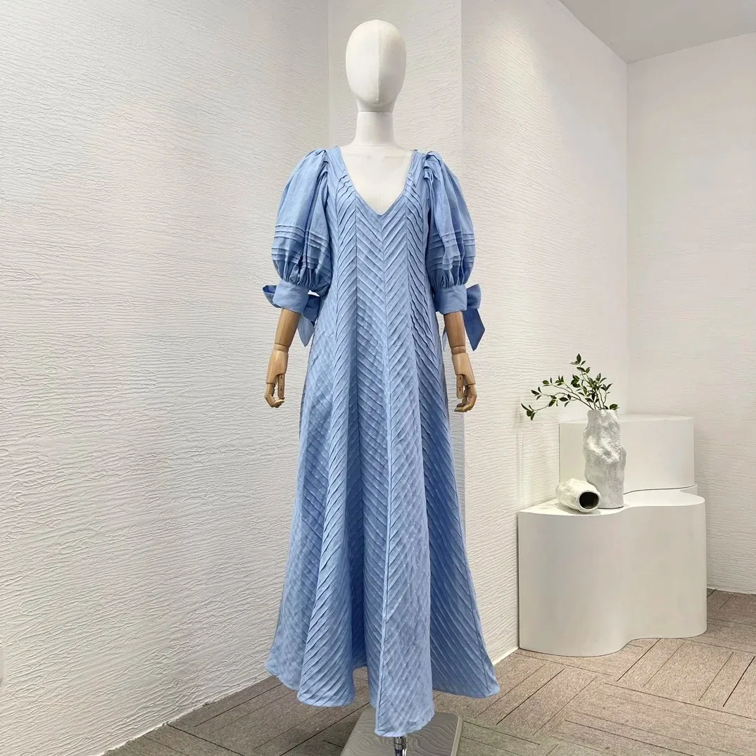 Blue White Self Bow Tie at Cuff 3/4 Sleeve Sweetheart Neck Backless 2024 Fashion Beach Loose Pleat Mini Midi Dress for Women