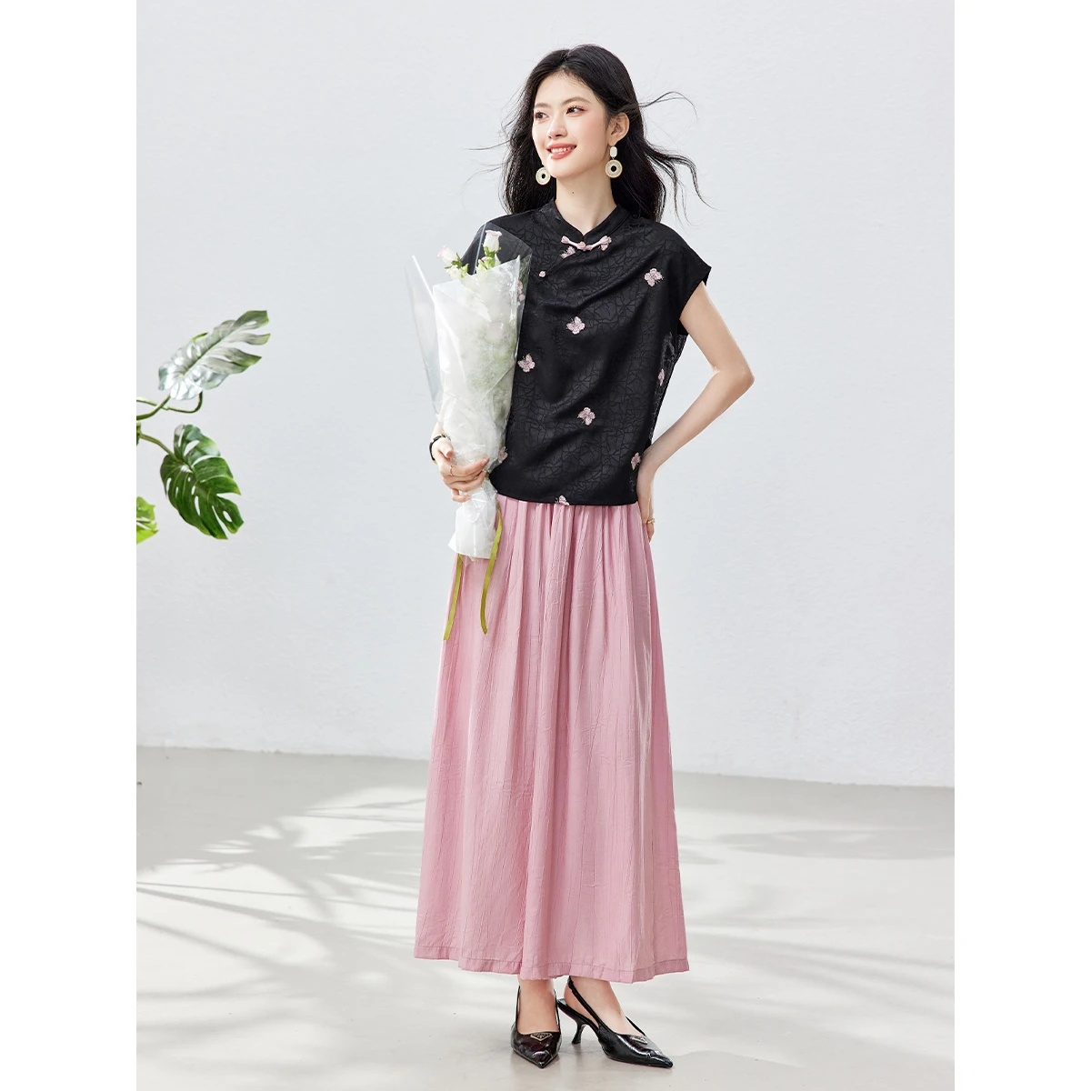 VIMLY New Chinese Color Block Outfit Mandarin Collar Embroidery Shirt Wide Leg Pants Summer Casual 2 Piece Matching Set A6205