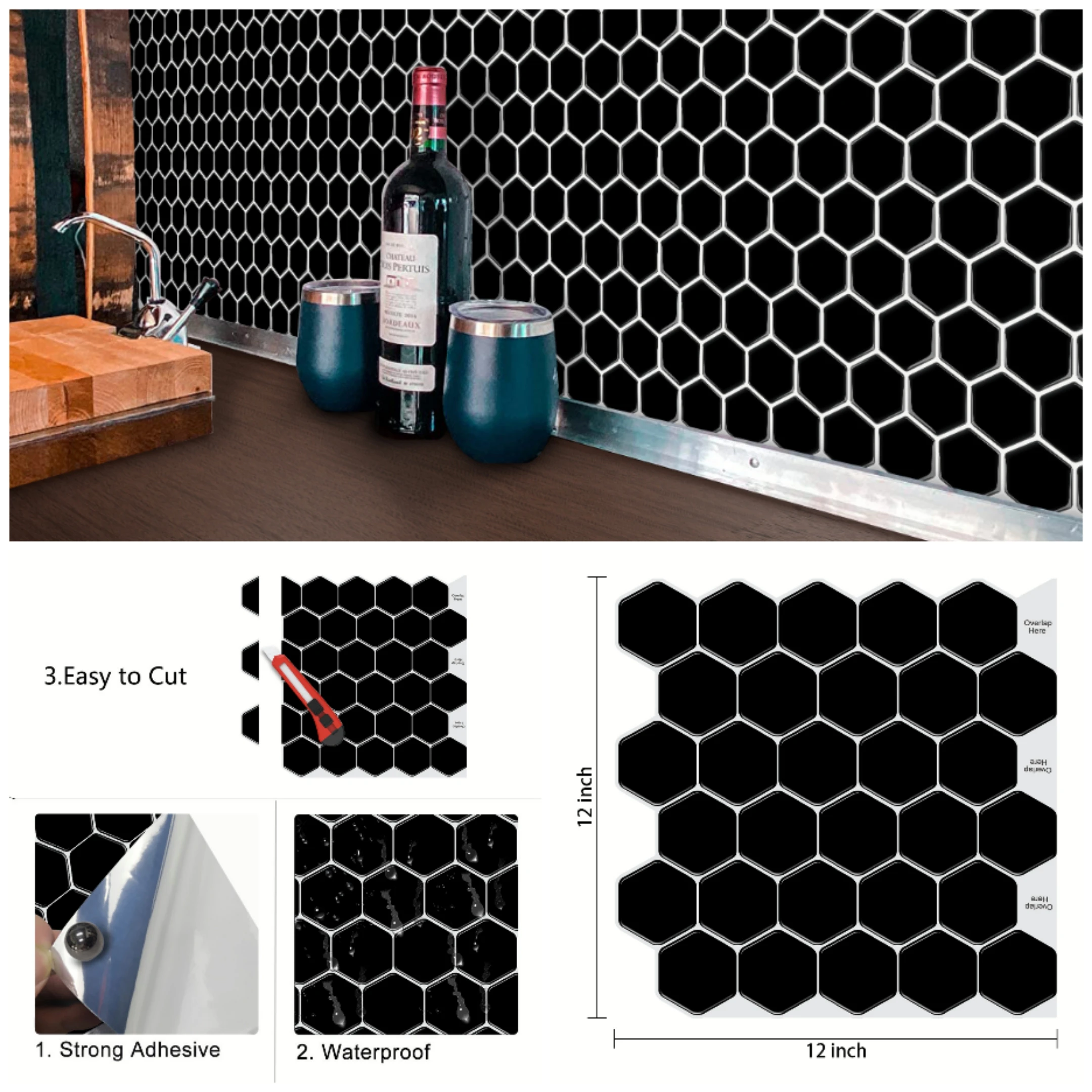 3D czarny z białym fugą sześciokątny naklejka na ścianę wodoodporny skórki i trzymać Backsplash płytka kuchenna tapety zrób to sam