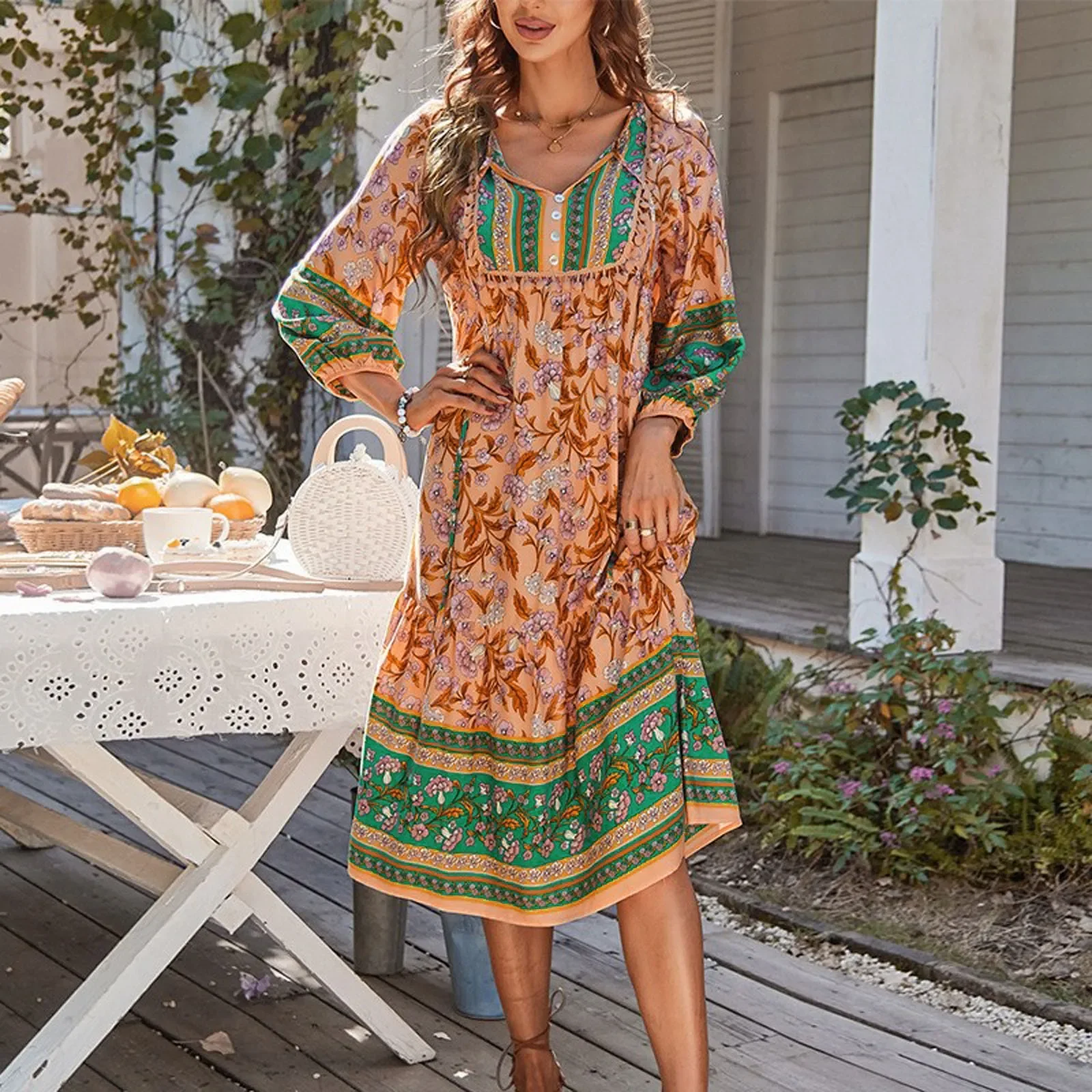 

Summer Bohemian Floral Printed Dress Women 3/4 Sleeve V Neck Holiday Sundress Robe Femme Vintage Beach Vestidos 2024