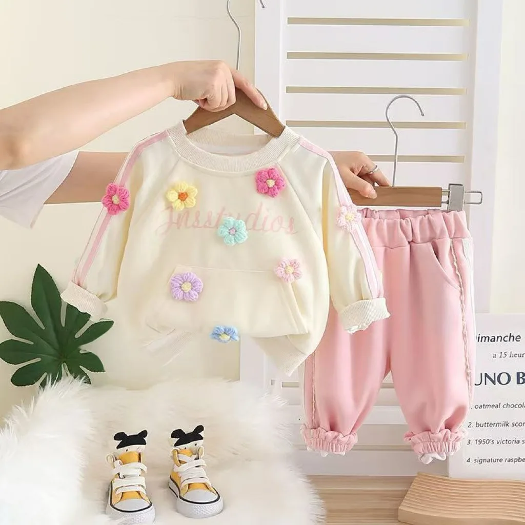 Little Girls 2Pcs Tracksuit 3D Colorful Flower Decor Raglan Sweatshirt Side Stripe Ruffle Cuff Jogger Pants Kids Spring Set