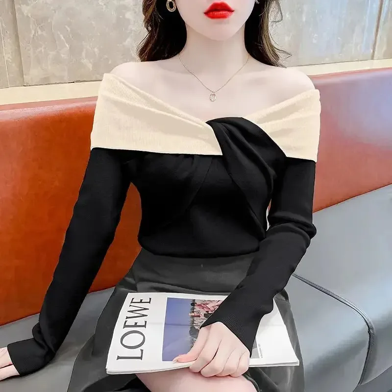 여성 의류 가을 겨울 한국 패션 대비 색상 섹시한 니트 스웨터 달콤한 시크 리본 디자인 긴 소매 슬림핏 탑