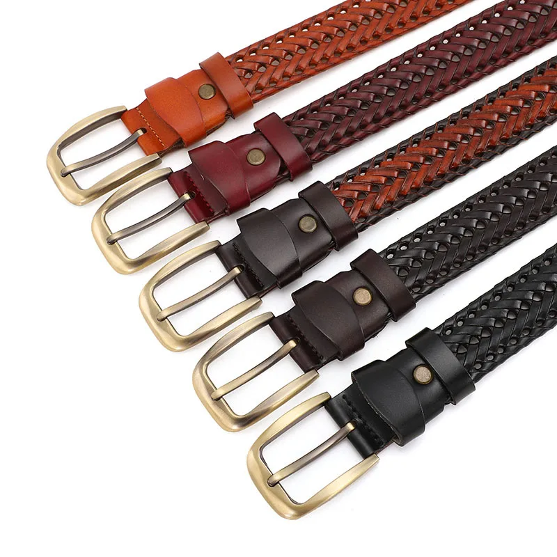 Braided Women's Belts Retro Men's Cow Leather Waistband Copper Pin Buckle Non-Perforated Fashion Designer Belt Wholesale