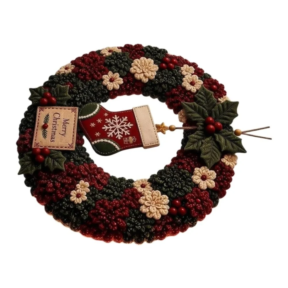 Stamping-Focused Fabric Kit for Christmas Wreath Design Including Multiple Stamp Options and Fabric Base Materials