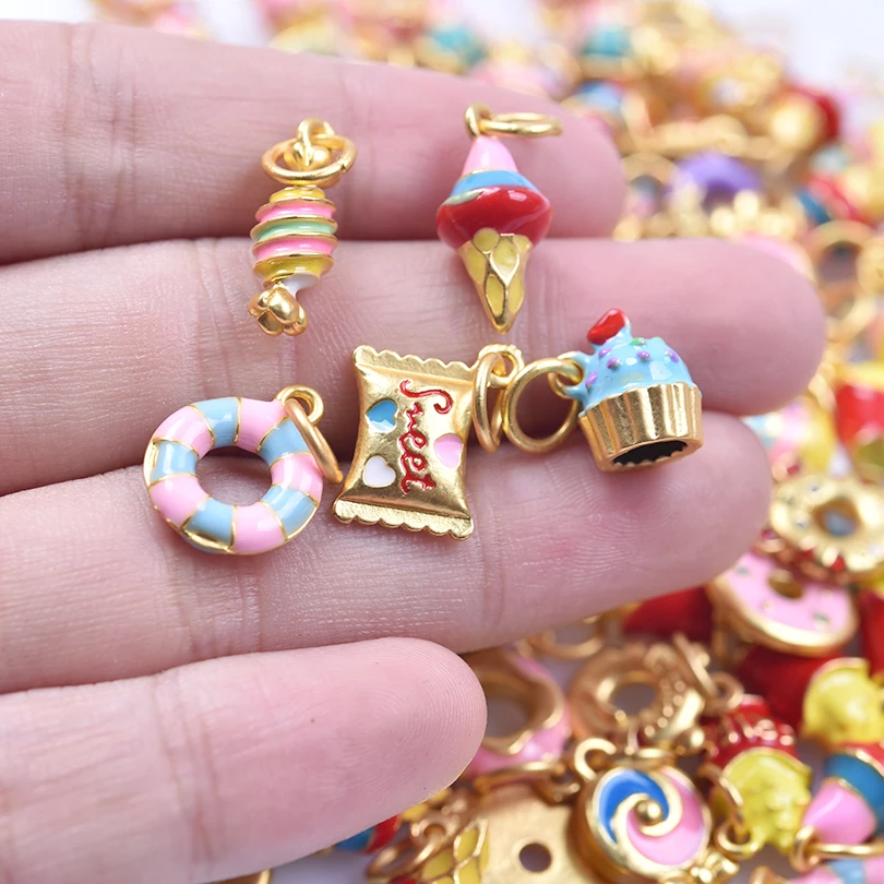 6Pcs/Lot Mix Styles Enamel Food Lollipop Donut Ice Cream Candy Pendant DIY kawaii Birthday Cake Breloques Jewelry Accessories