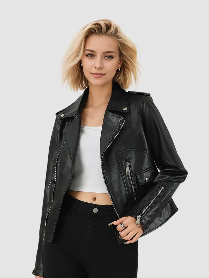 

2025 New Cropped PU Leather Jacket Women Commuter Office Blazer Soft Faux Leather Short Outerwear Autumn Slim Fit S-XL