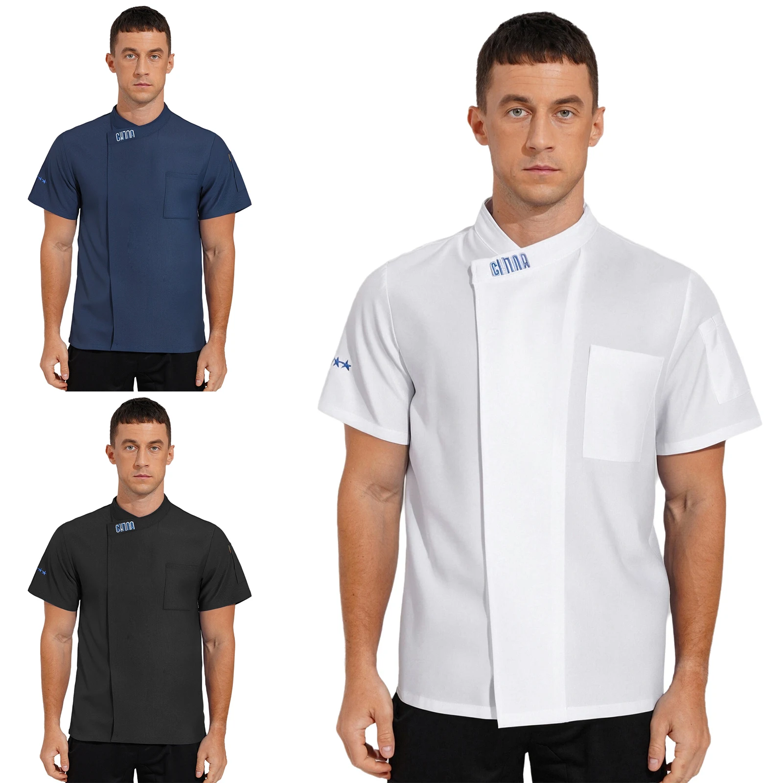 Chaqueta de cocinero bordada para hombre y mujer, camisa de cocinero de seda helada con botones de manga corta, blusa, ropa de trabajo para restaurante, Hotel y cocina