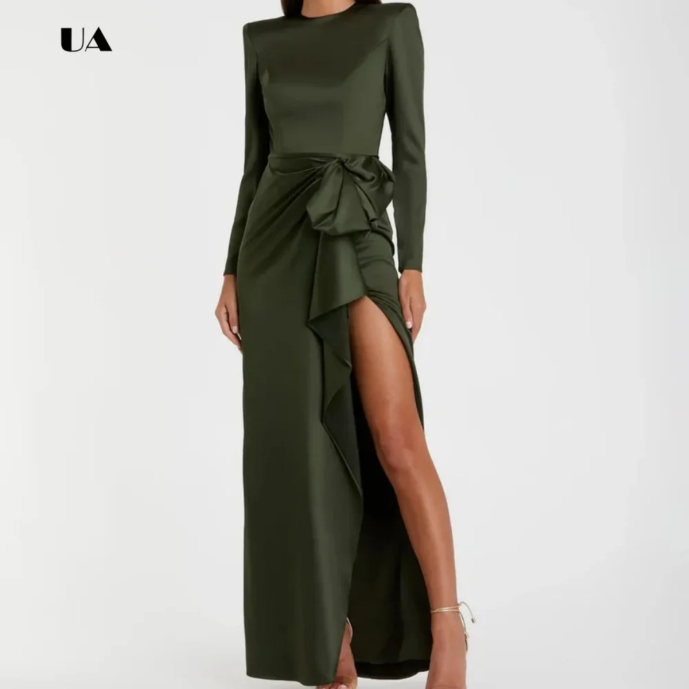 Vestido de fiesta de columna drapeado simple con hombro regular, vestido de noche personalizado de satén, vestido de fiesta sólido con lazo estructurado