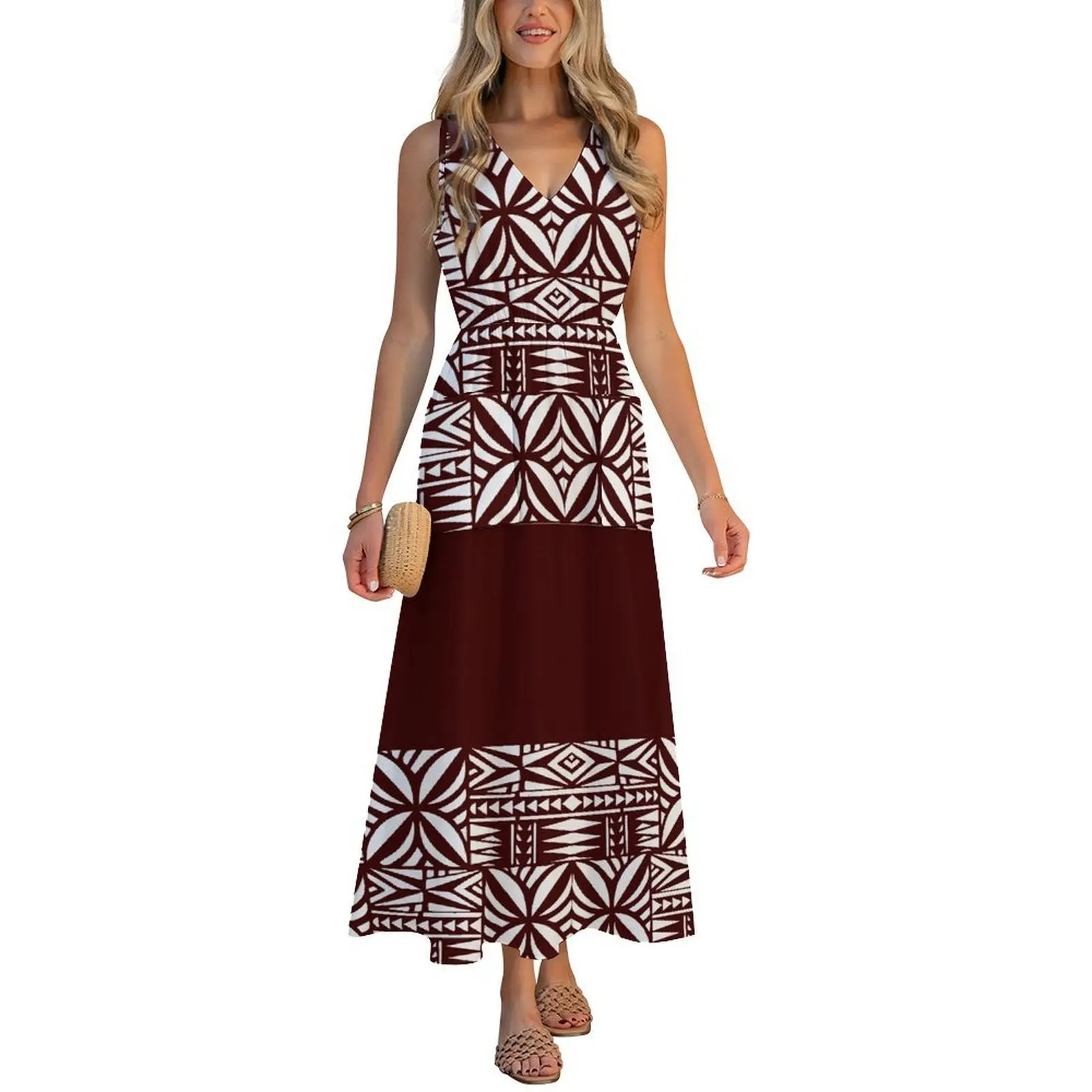 Polynesian Flower-Patterned V-Neck Dress Slimming Beach Dress Customizable Pattern Beach Dress I-Shaped Pocket Design