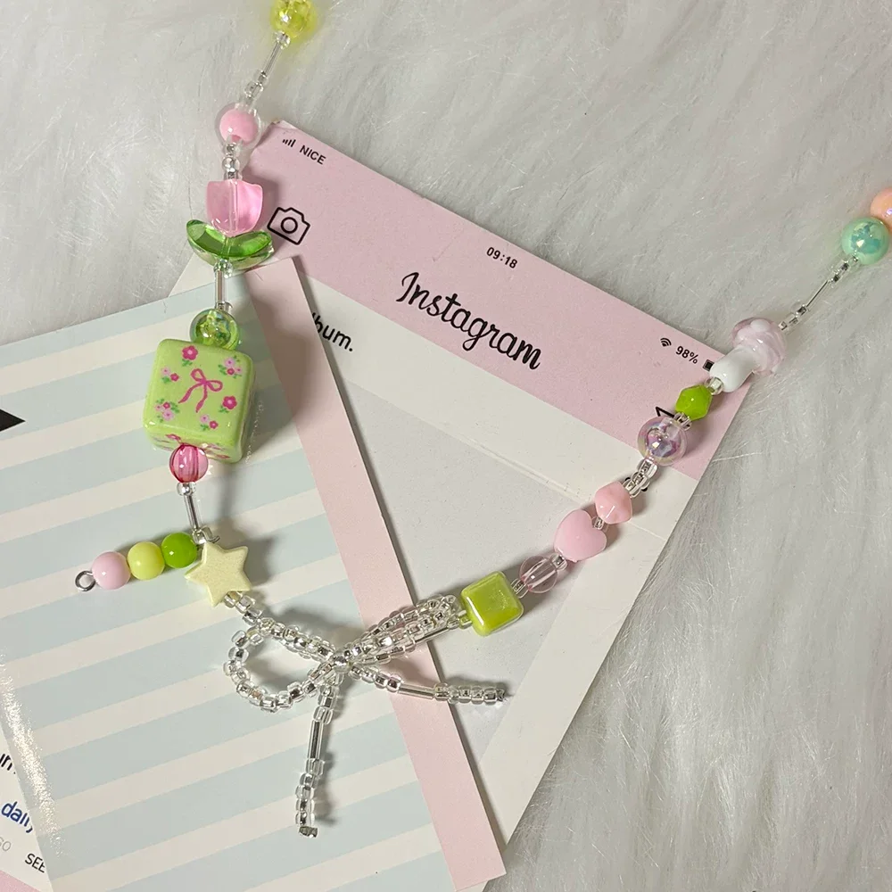 2026 Trendy Cute Green Acrylic Flower Bowknot Pendant Beaded Chain Choker Necklace For Women Y2K Aesthetic Fashion Neck Jewelry