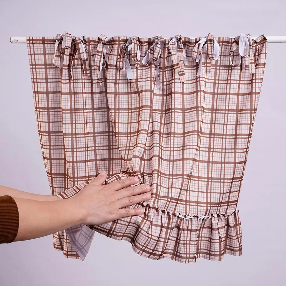 Ruffled Edge Farmhouse Plaid Kitchen Oven Skirt Cotton No Drilling Kitchen Stove Cover with Tie Ribbon Half Door Curtain ﻿
