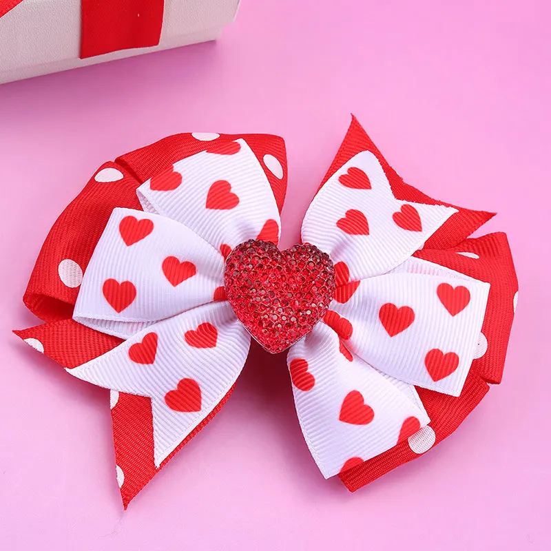 2pcs Shinning Love Hearts Hairpins For Baby Girls Ribbon Print Valentines Day Bows Hair Clips Kids Hairgripes Hair Styling Tools