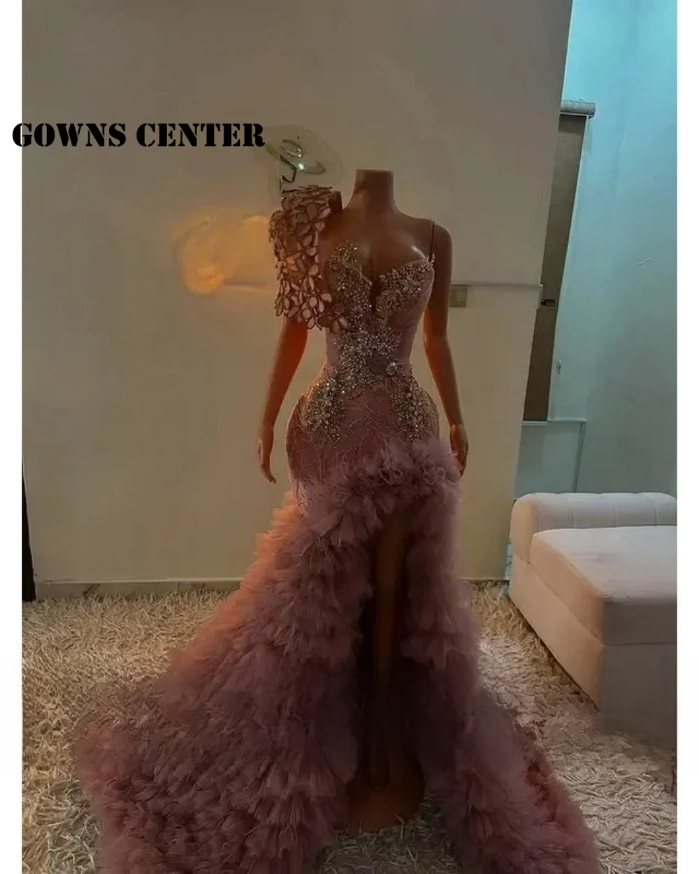 

Blush Pink Mermaid Prom Dresses For Blackgirls Slit Ruched Puff Wedding Evening Dress Aso Ebi Luxury Birthday Customized