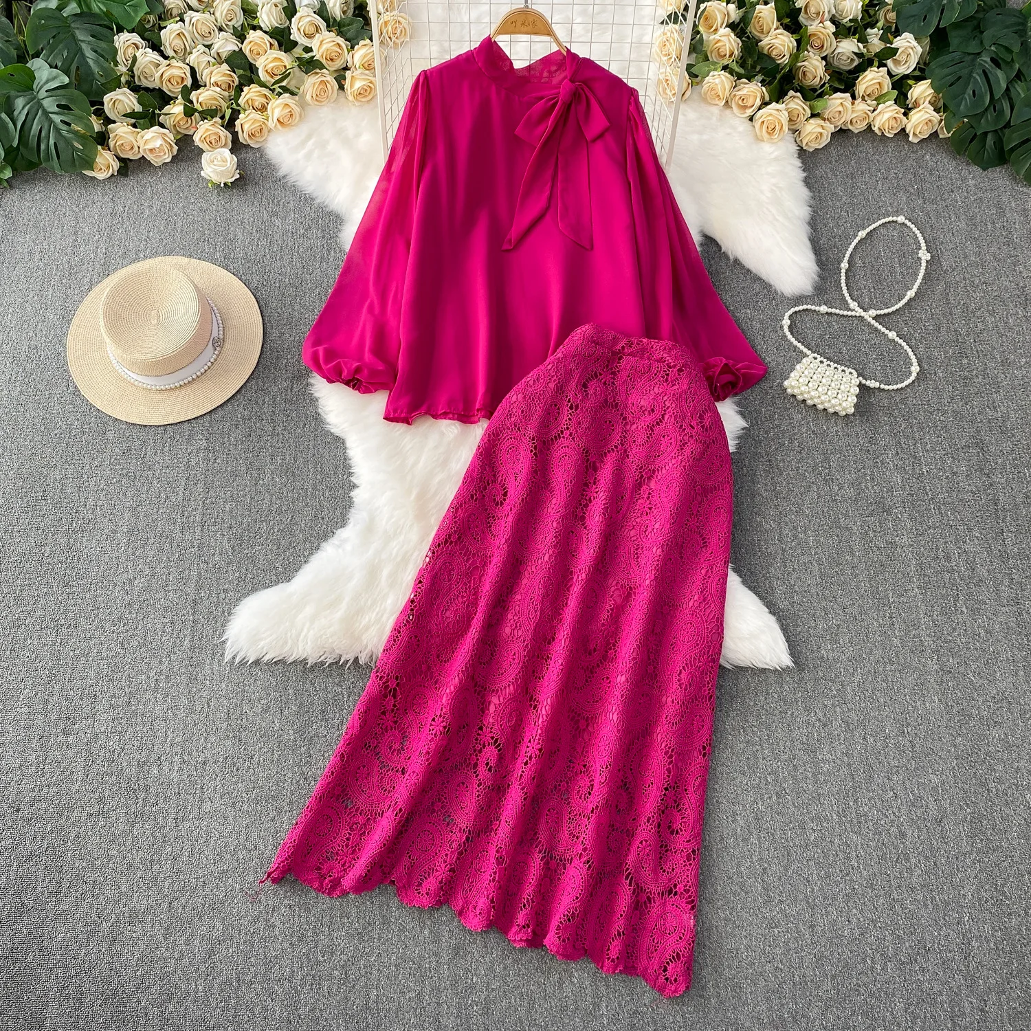 Women Two Piece Sets Skirt Set Round Neck Lantern Sleeve Tops Long Skirts Lace Slim Fit A Line High Waist Y2k Streetwear Elegant