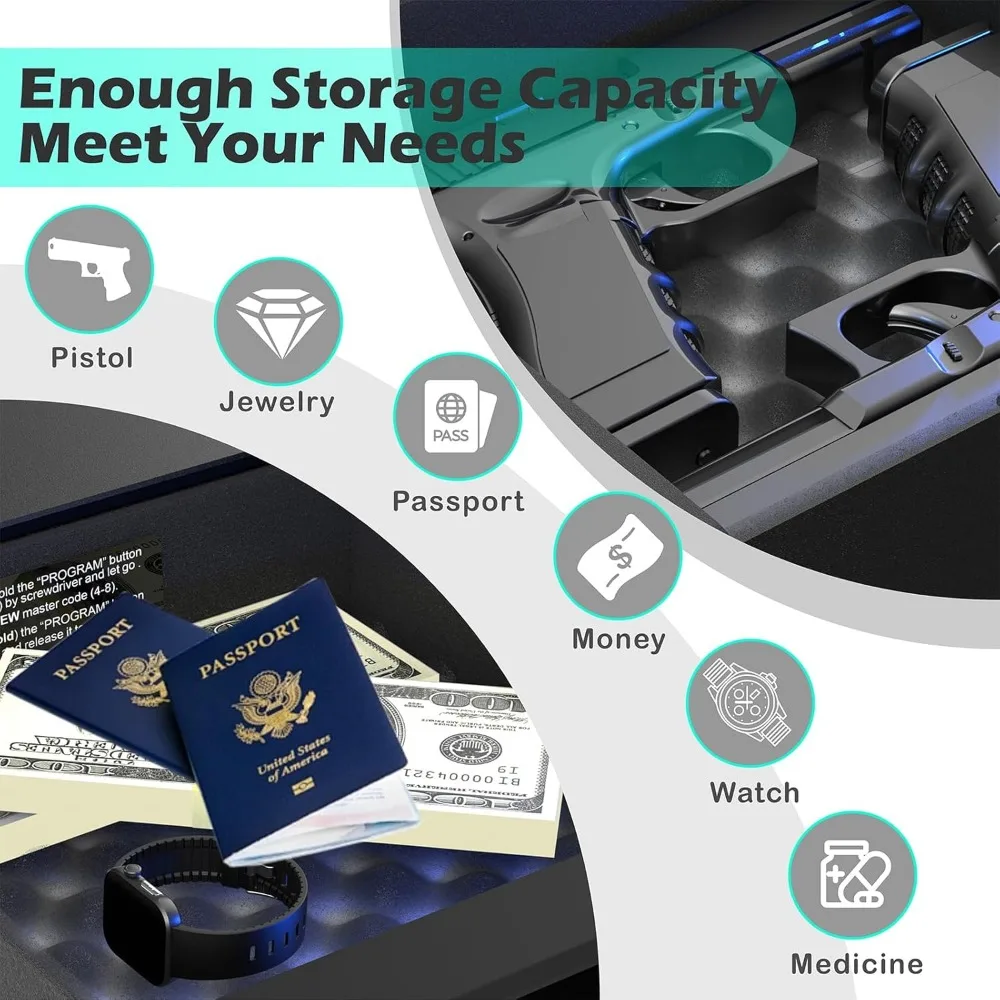 Smart Gun Safe with Security Cable - Biometric Pistol Safe for 2 Handgun 3 Ways Quick Access with Fingerprint/Keypad/Key