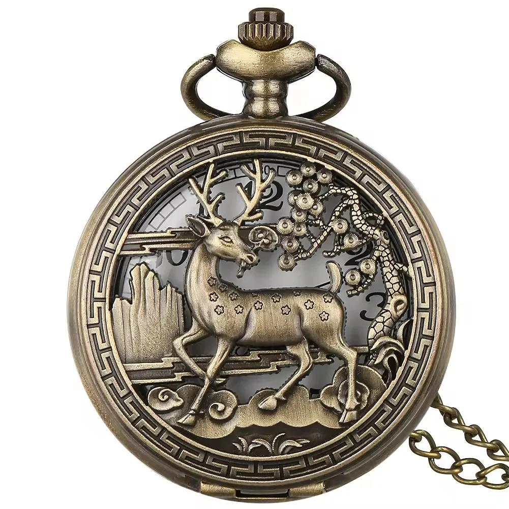 Antique Steampunk Animal Sika Deer Vintage Pocket Watch With Chain for Men GiftReloj de bolsillo de cuarzo hueco