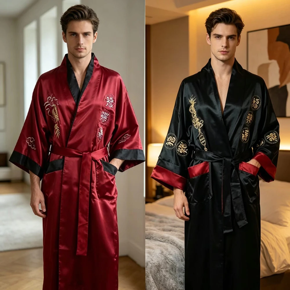 Reversible ChineseStyle Robe Men's Satin Robe Gown Tradition Embroider Dragon Sleepwear Kimono Bathrobe