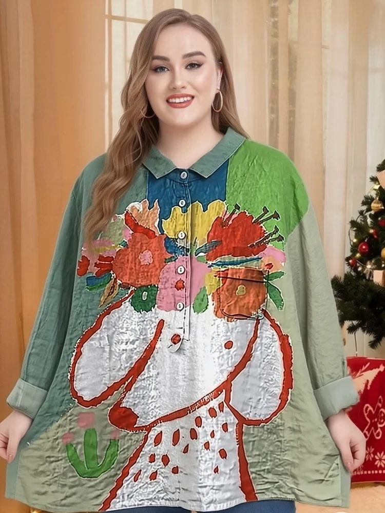 

Винтажная свободная льняная рубашка больших размеров для женщин, с цветочным и мультяшным принтом, с длинным рукавом, на пуговицах, осенняя, шикарная, 2026, женские блузки