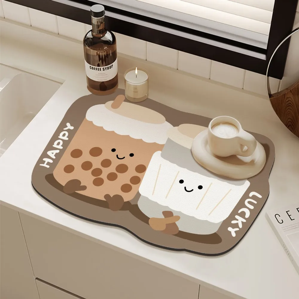 VIKAMA Cute Coffee Diatomite Absorbent Mat Non-Slip Quick Dry Kitchen Sink Counter Rug Durable Easy Clean