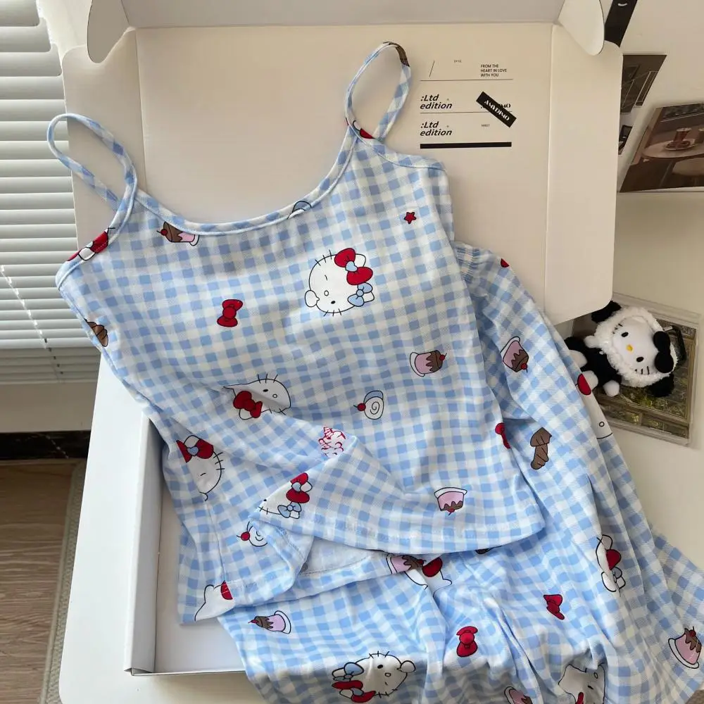 

Sanrio Hot Casual Pajama Set with Chest Mat Ins Style Summer Kawaii Homewear Cute Girl Hello Kitty Tank Top Shorts Home Clothing